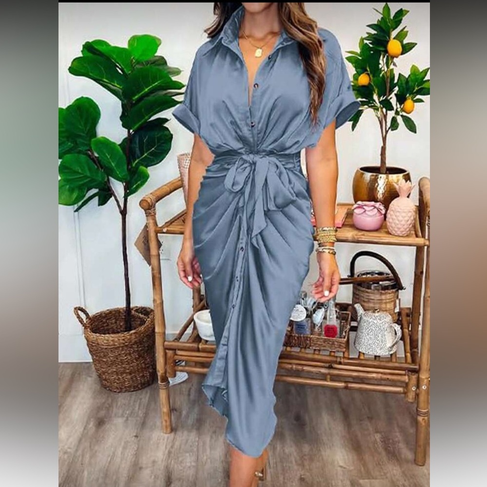 Elegant Grayish Blue Tie-Front Satin Dress